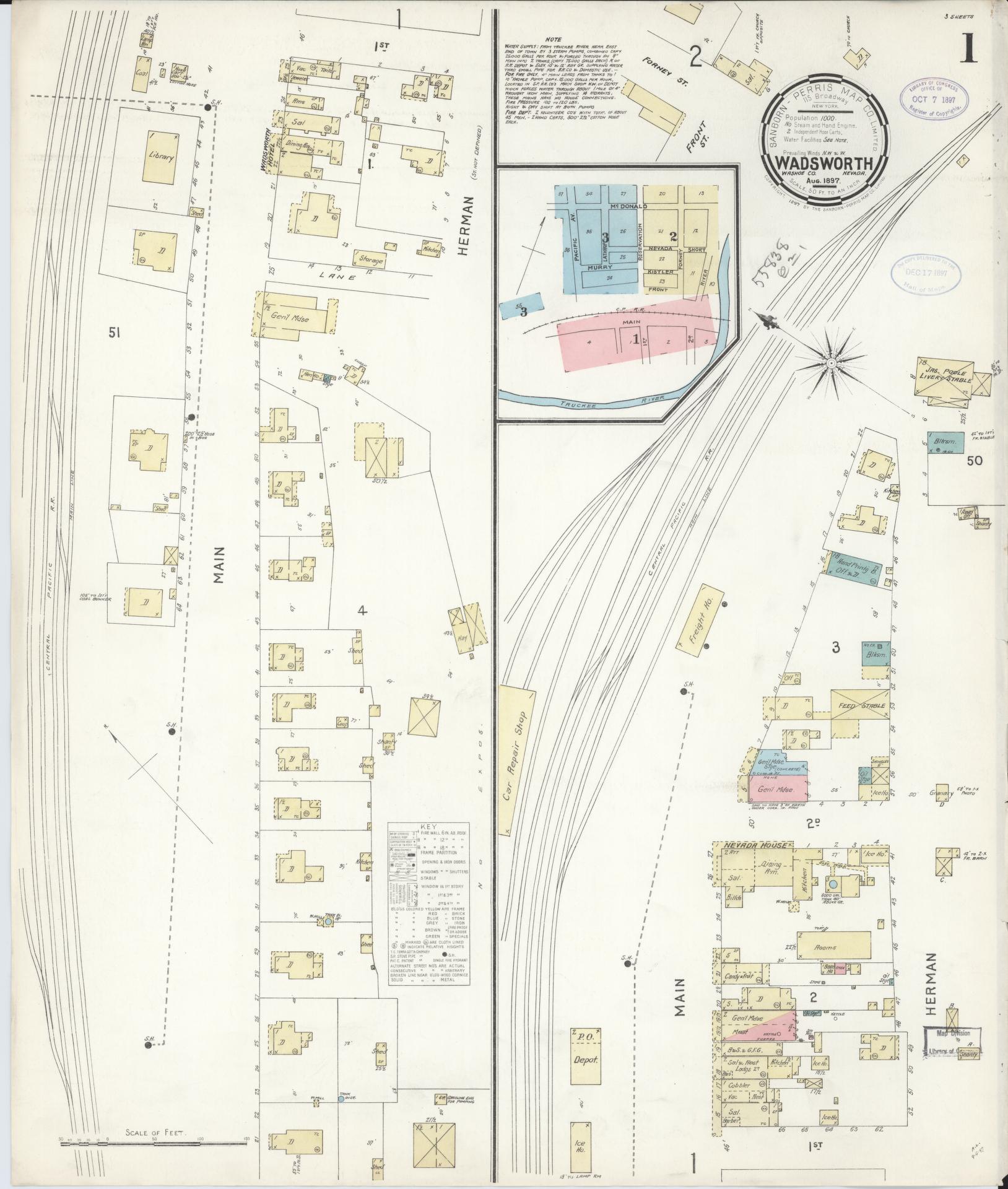 Sanborn Fire Insurance Map from Wadsworth, Washoe County, Nevada (1897), Sheet #0001 - Historic Sanborn Fire Insurance Map Print, vintage old map wall art, antique decor, genealogy gift, Nevada Nevada map
