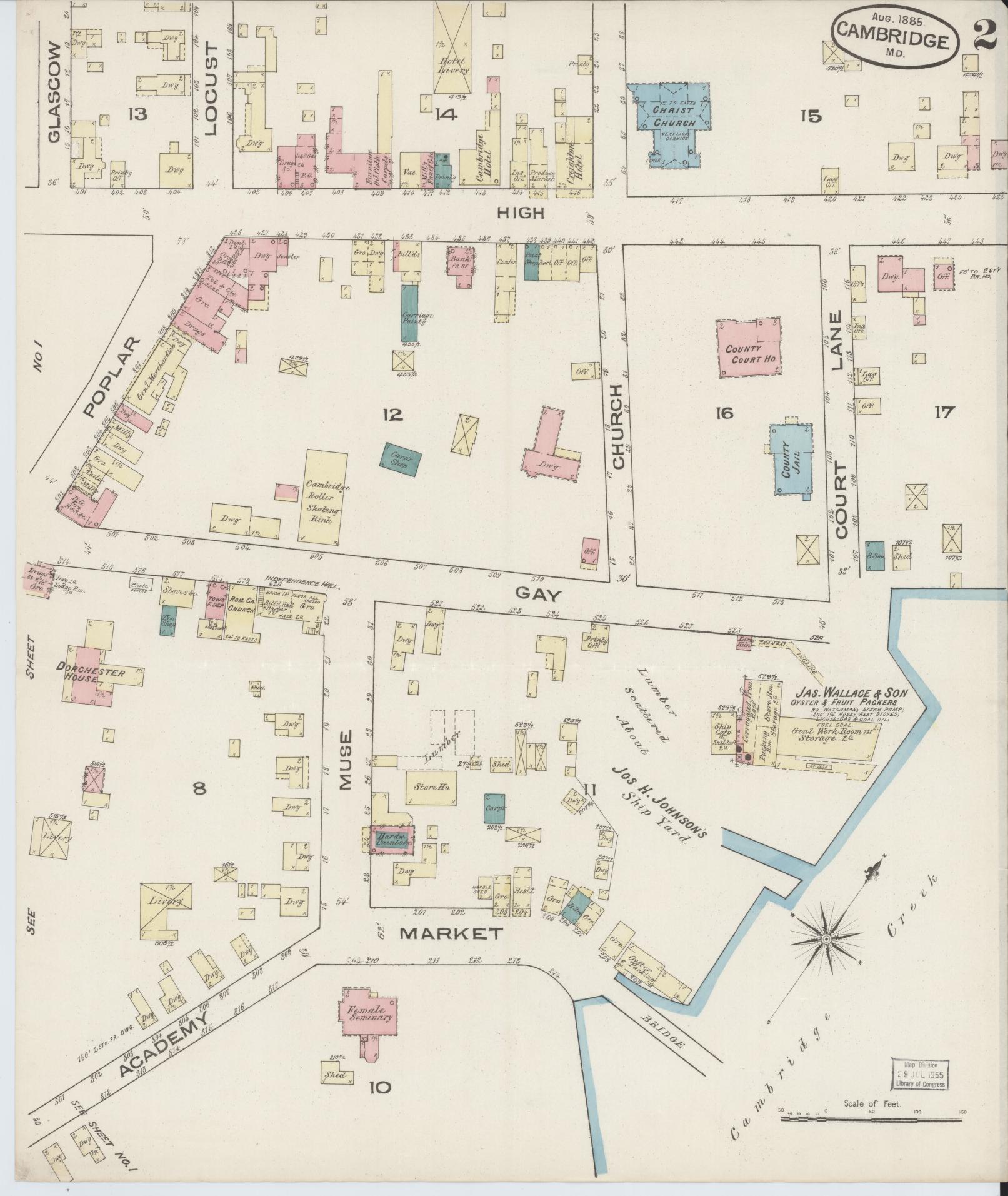 Dorchester, Maryland - 1885 - Sanborn Fire Insurance Map, Sheet #0002 - Historic Sanborn Fire Insurance Map Print, Dorchester Maryland 1885 0002 vintage old map wall art
