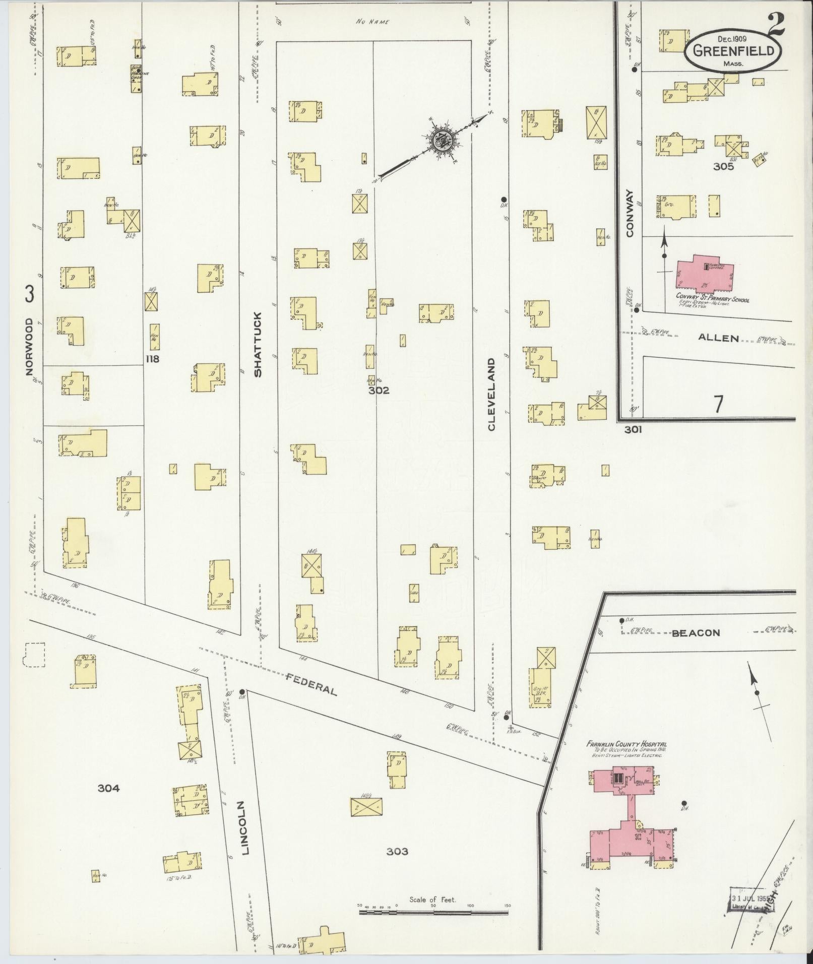 Sanborn Fire Insurance Map from Greenfield, Franklin County, Massachusetts (1909), Sheet #0002 - Historic Sanborn Fire Insurance Map Print, vintage old map wall art, antique decor, genealogy gift, Massachusetts Massachusetts map