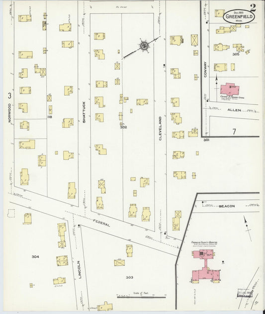 Sanborn Fire Insurance Map from Greenfield, Franklin County, Massachusetts (1909), Sheet #0002 - Historic Sanborn Fire Insurance Map Print, vintage old map wall art, antique decor, genealogy gift, Massachusetts Massachusetts map