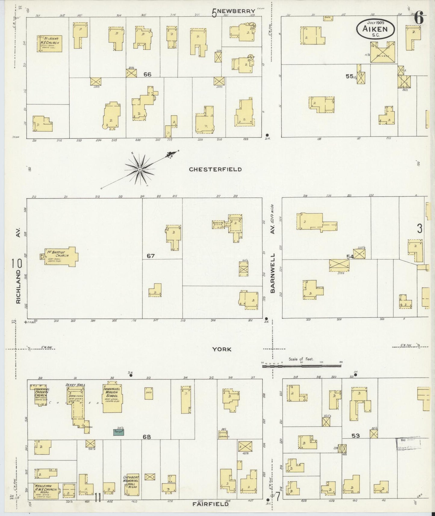 Sanborn Fire Insurance Map from Aiken, Aiken County, South Carolina (1909), Sheet #0006 - Historic Sanborn Fire Insurance Map Print, vintage old map wall art, antique decor, genealogy gift, South Carolina South Carolina map
