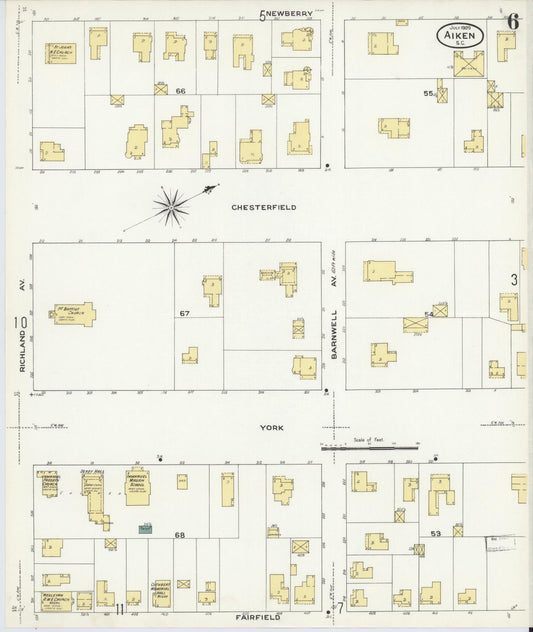 Sanborn Fire Insurance Map from Aiken, Aiken County, South Carolina (1909), Sheet #0006 - Historic Sanborn Fire Insurance Map Print, vintage old map wall art, antique decor, genealogy gift, South Carolina South Carolina map