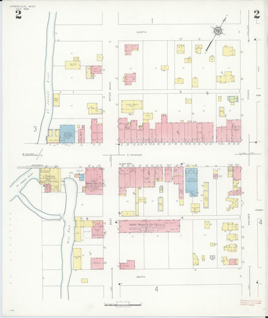 Sanborn Fire Insurance Map from Jonesville, Hillsdale County, Michigan (1938), Sheet #0002 - Historic Sanborn Fire Insurance Map Print, vintage old map wall art, antique decor, genealogy gift, Michigan Michigan map