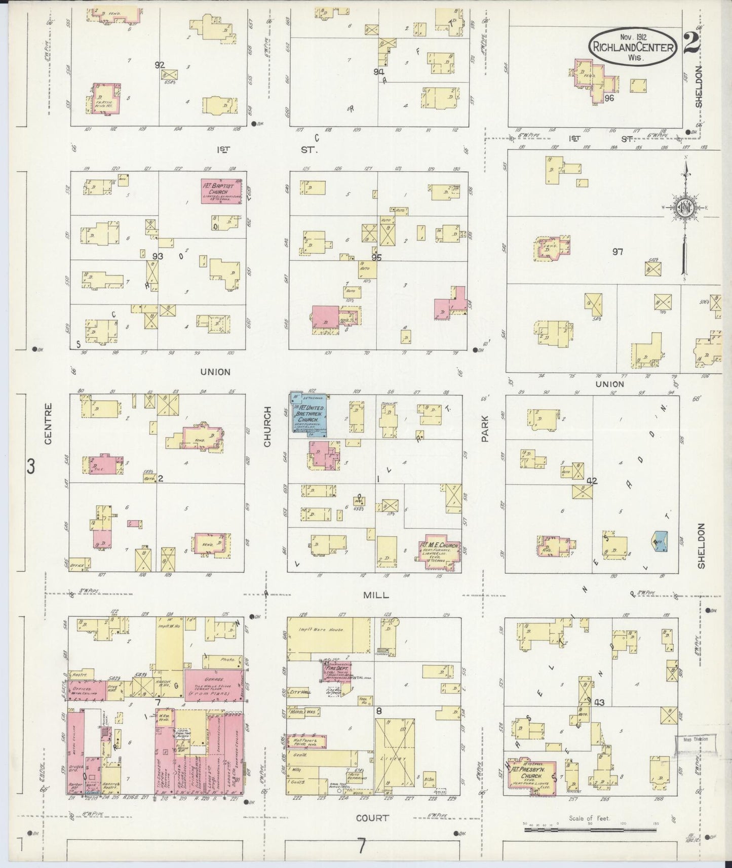 Sanborn Fire Insurance Map from Richland Center, Richland County, Wisconsin (1912), Sheet #0002 - Complete Map Set gallery image, historic Sanborn map, vintage wall art, Wisconsin Wisconsin