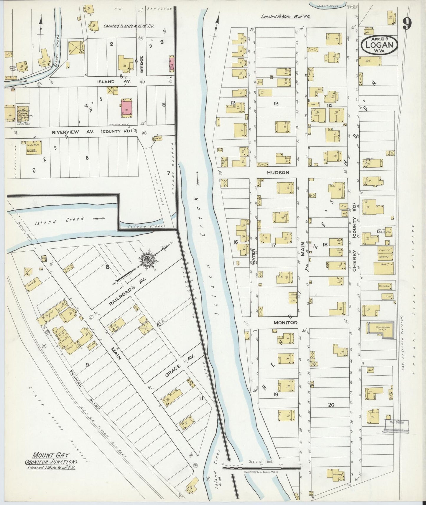 Sanborn Fire Insurance Map from Logan, Logan County, West Virginia (1918), Sheet #0009 - Historic Sanborn Fire Insurance Map Print, vintage old map wall art, antique decor, genealogy gift, West Virginia West Virginia map