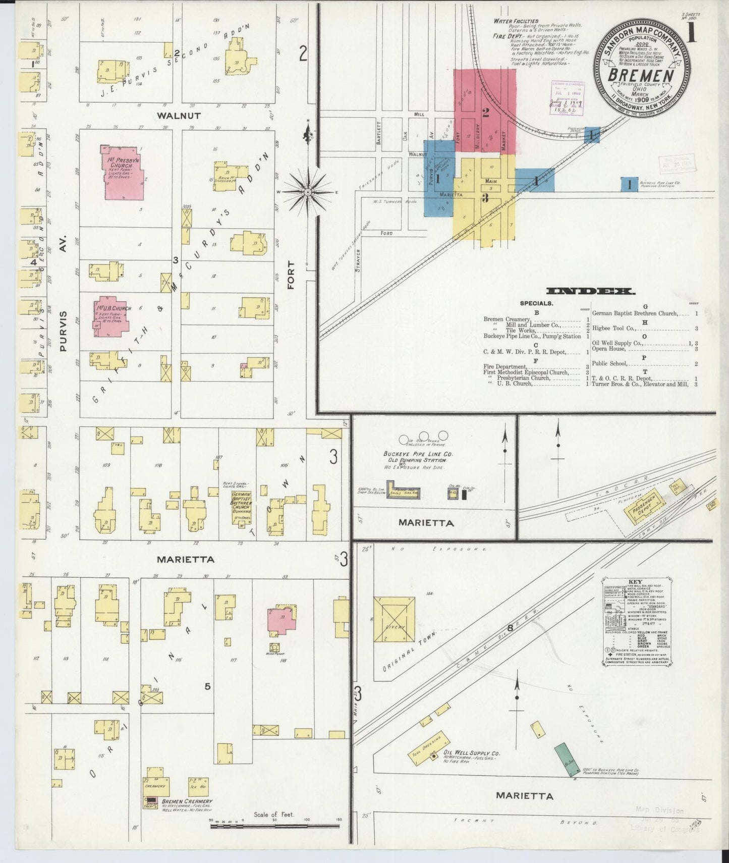 Sanborn Fire Insurance Map from Bremen, Fairfield County, Ohio (1909), Sheet #0001 - Historic Sanborn Fire Insurance Map Print, vintage old map wall art, antique decor, genealogy gift, Ohio Ohio map