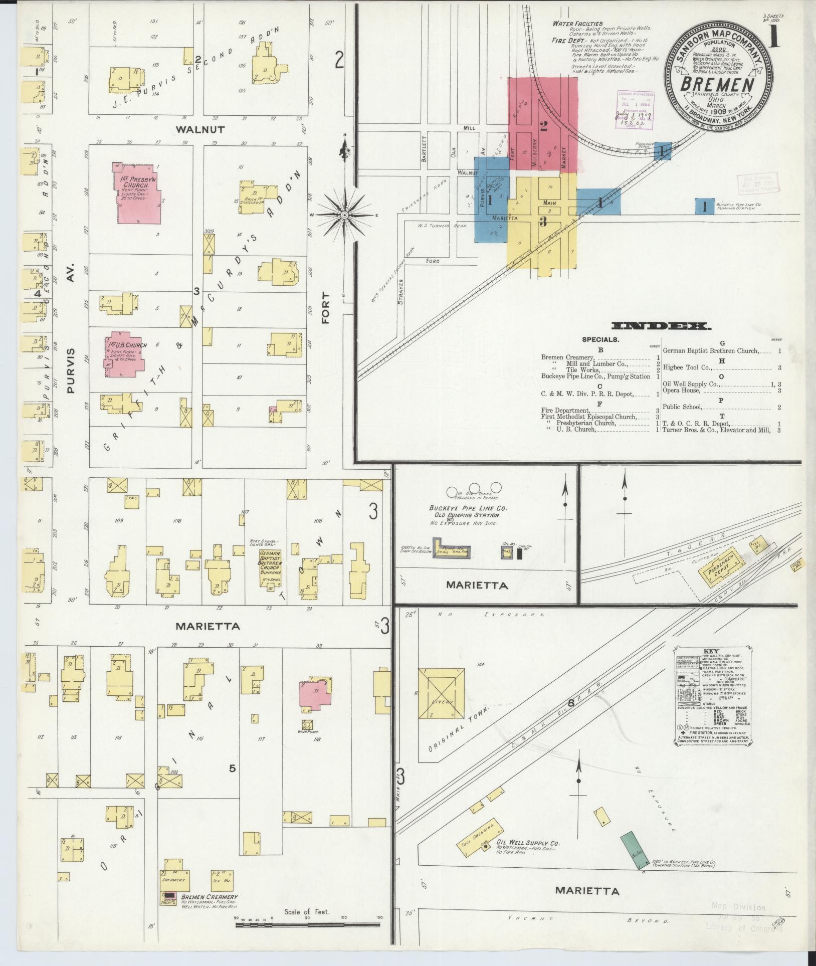 Sanborn Fire Insurance Map from Bremen, Fairfield County, Ohio (1909), Sheet #0001 - Historic Sanborn Fire Insurance Map Print, vintage old map wall art, antique decor, genealogy gift, Ohio Ohio map