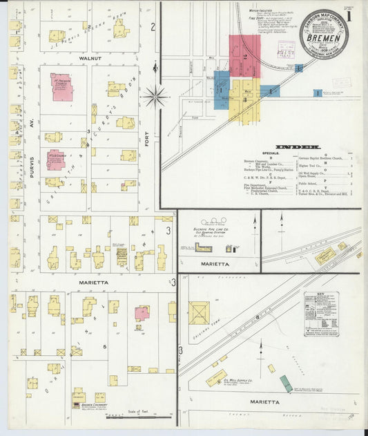 Sanborn Fire Insurance Map from Bremen, Fairfield County, Ohio (1909), Sheet #0001 - Historic Sanborn Fire Insurance Map Print, vintage old map wall art, antique decor, genealogy gift, Ohio Ohio map
