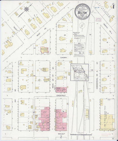 Sanborn Fire Insurance Map from Belton, Cass County, Missouri (1914), Sheet #0001 - Complete Map Set gallery image, historic Sanborn map, vintage wall art, Missouri Missouri