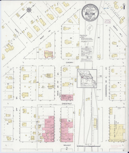 Sanborn Fire Insurance Map from Belton, Cass County, Missouri (1914), Sheet #0001 - Complete Map Set gallery image, historic Sanborn map, vintage wall art, Missouri Missouri