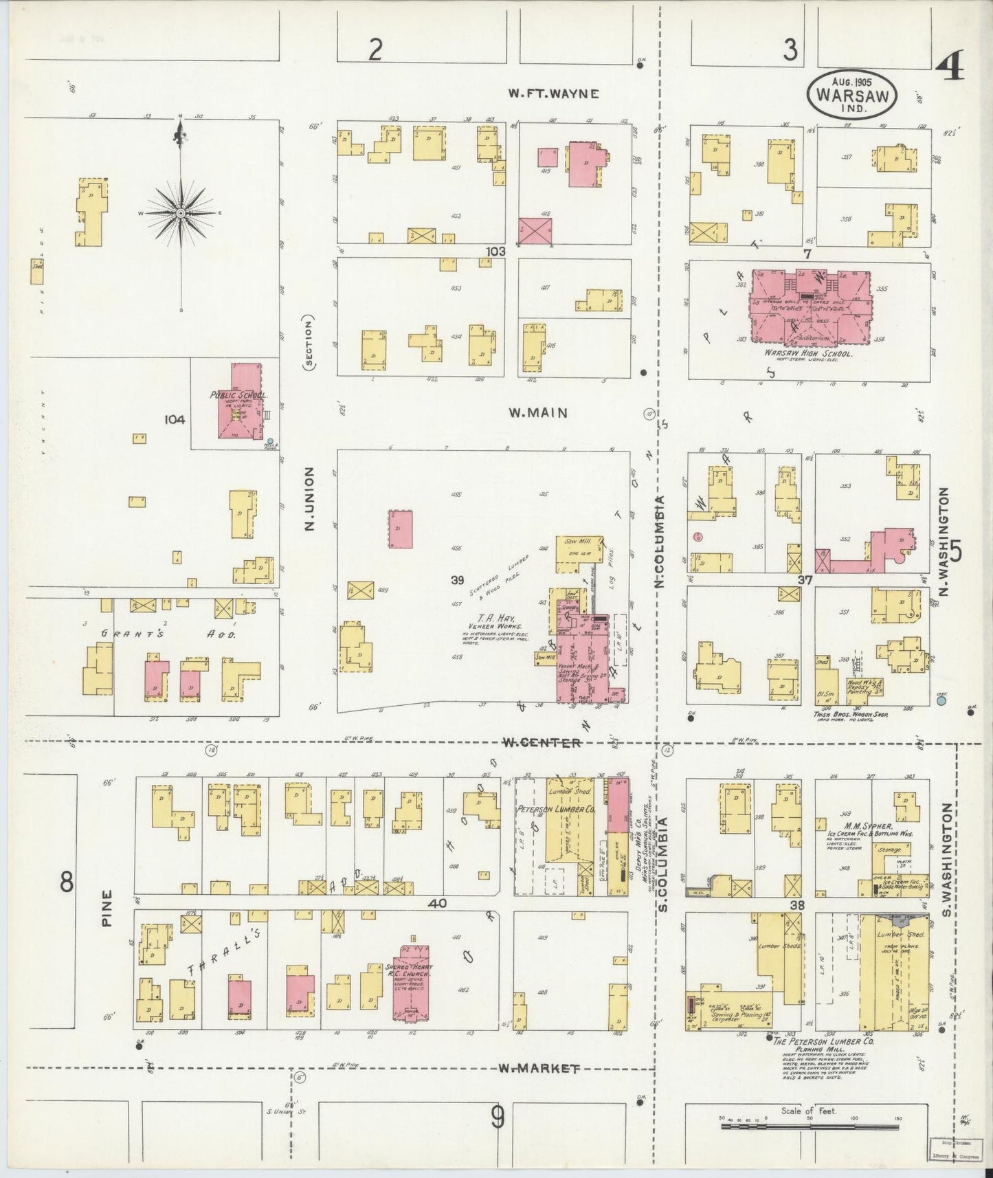 Sanborn Fire Insurance Map from Warsaw, Kosciusko County, Indiana (1905), Sheet #0004 - Historic Sanborn Fire Insurance Map Print, vintage old map wall art, antique decor, genealogy gift, Indiana Indiana map
