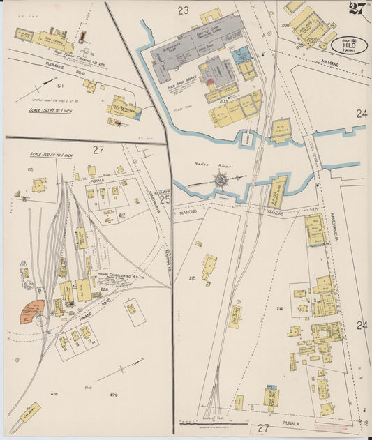 Sanborn Fire Insurance Map from Hilo, Hawaii County, Hawaii (1921), Sheet #0027 - Historic Sanborn Fire Insurance Map Print, vintage old map wall art