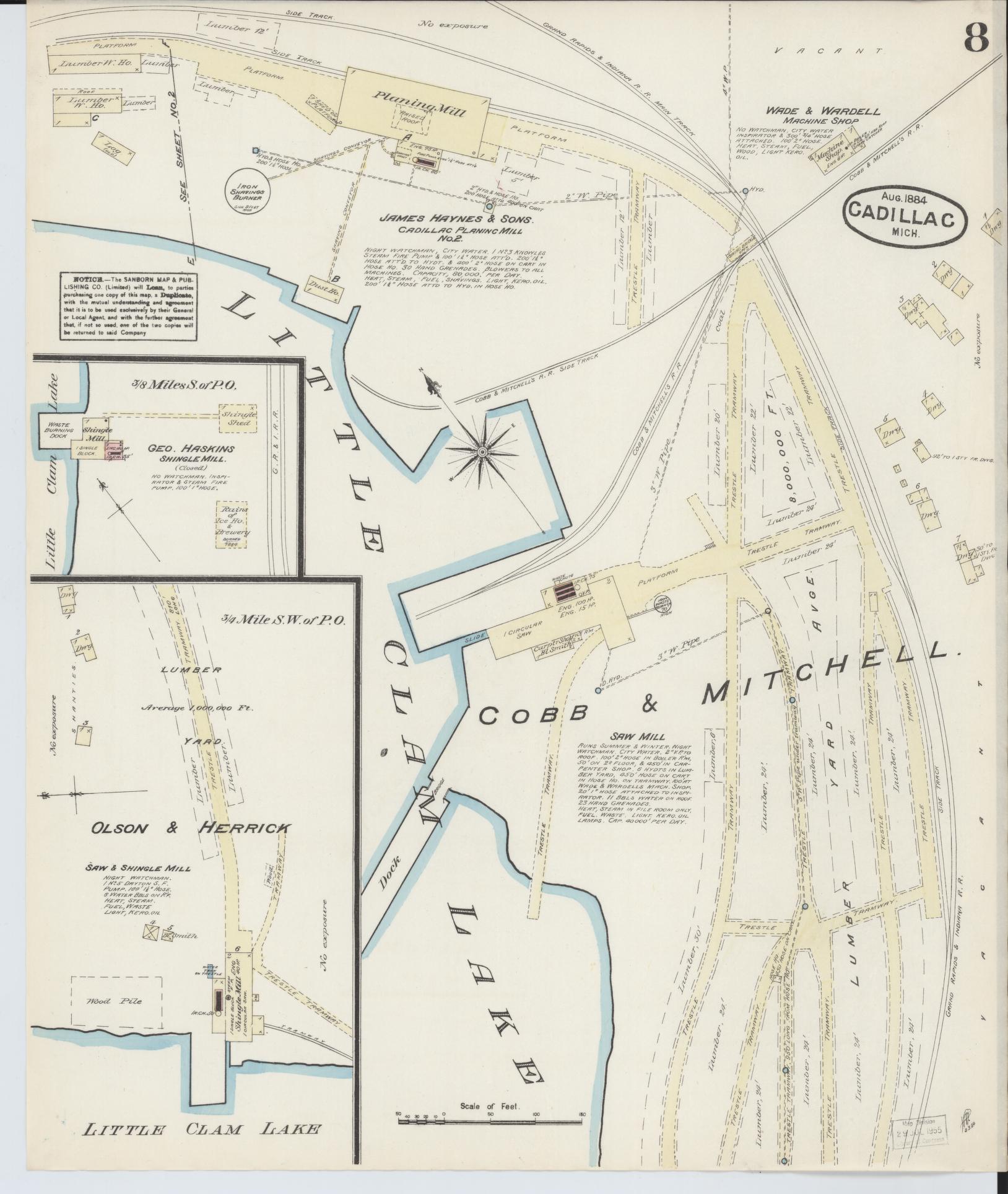 Sanborn Fire Insurance Map from Cadillac, Wexford County, Michigan (1884), Sheet #0008 - Historic Sanborn Fire Insurance Map Print, vintage old map wall art, antique decor, genealogy gift, Michigan Michigan map