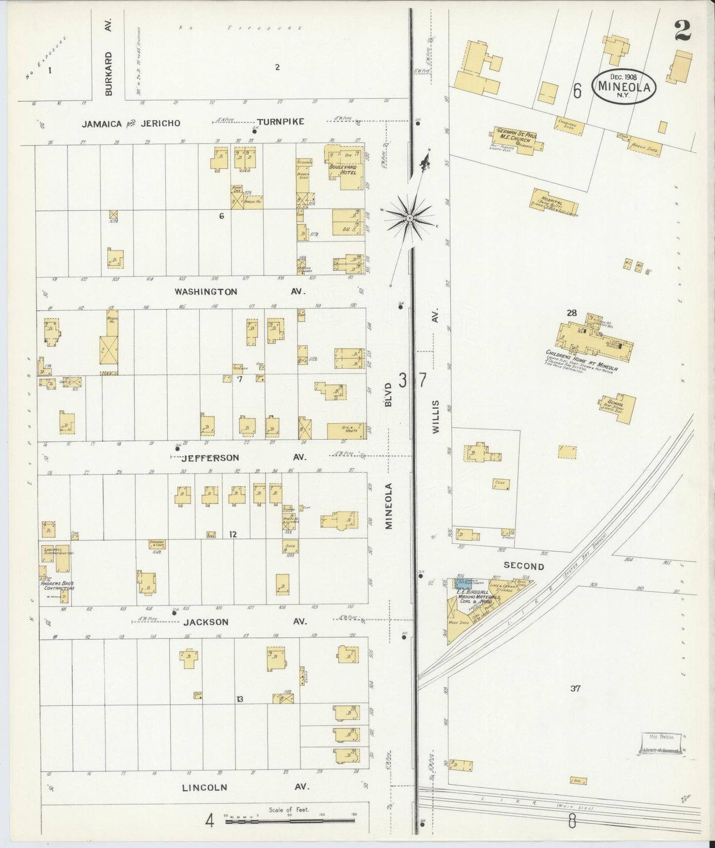 Sanborn Fire Insurance Map from Mineola, Nassau County, New York (1908), Sheet #0002 - Complete Map Set gallery image, historic Sanborn map, vintage wall art, New York New York