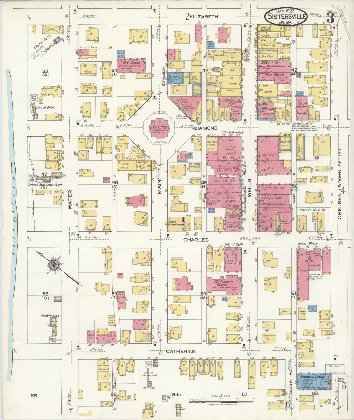 Sanborn Fire Insurance Map from Sistersville, Tyler County, West Virginia (1922), Sheet #0003 - Historic Sanborn Fire Insurance Map Print, vintage old map wall art, antique decor, genealogy gift, West Virginia West Virginia map