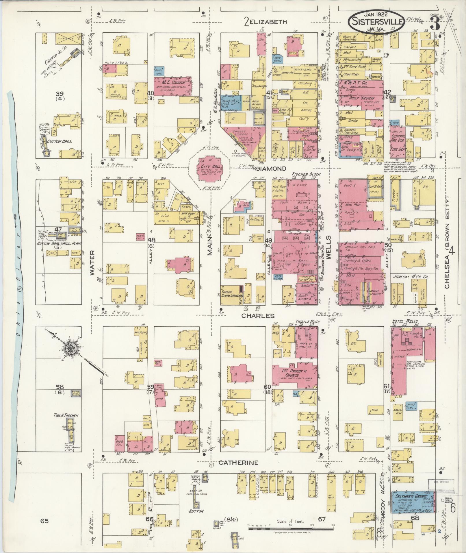 Sanborn Fire Insurance Map from Sistersville, Tyler County, West Virginia (1922), Sheet #0003 - Historic Sanborn Fire Insurance Map Print, vintage old map wall art, antique decor, genealogy gift, West Virginia West Virginia map