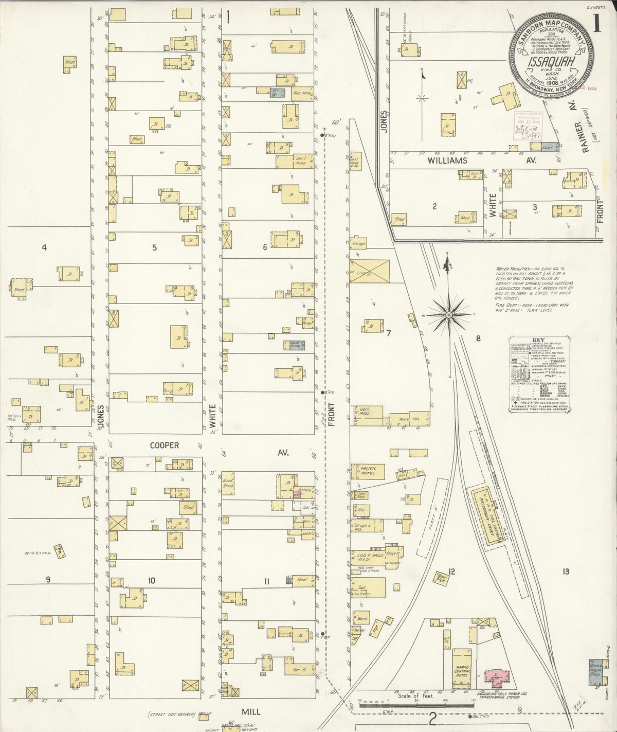Sanborn Fire Insurance Map from Issaquah, King County, Washington (1908), Sheet #0001 - Historic Sanborn Fire Insurance Map Print, vintage old map wall art, antique decor, genealogy gift, Washington Washington map