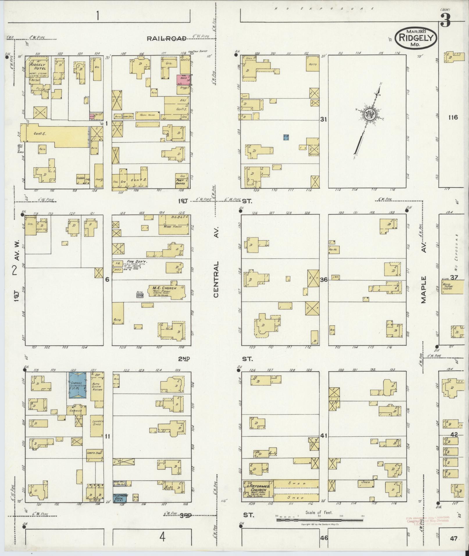 Sanborn Fire Insurance Map from Ridgely, Caroline County, Maryland (1921), Sheet #0003 - Historic Sanborn Fire Insurance Map Print, vintage old map wall art