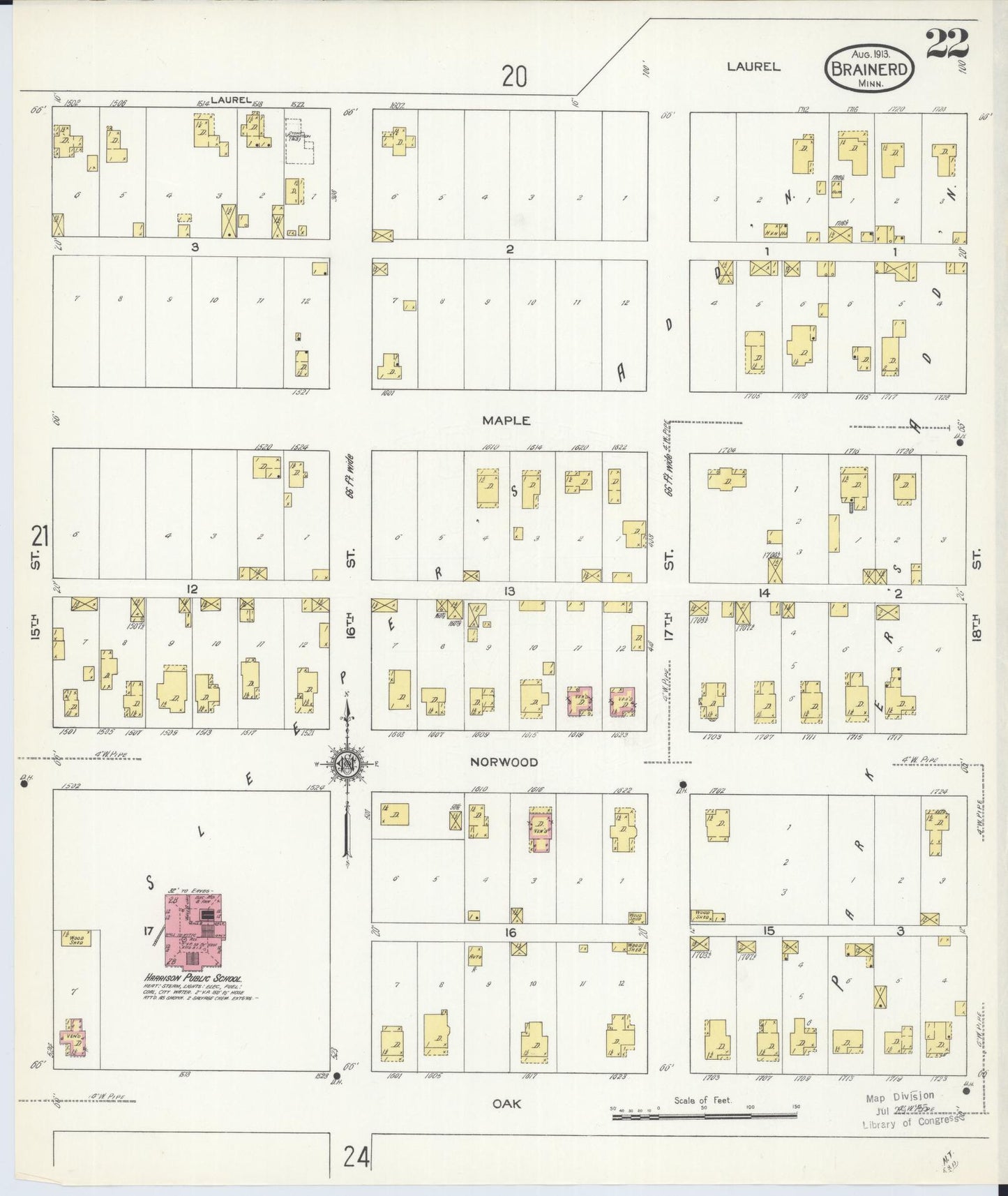 Sanborn Fire Insurance Map from Brainerd, Crow Wing County, Minnesota (1913), Sheet #0022 - Complete Map Set gallery image, historic Sanborn map, vintage wall art, Minnesota Minnesota