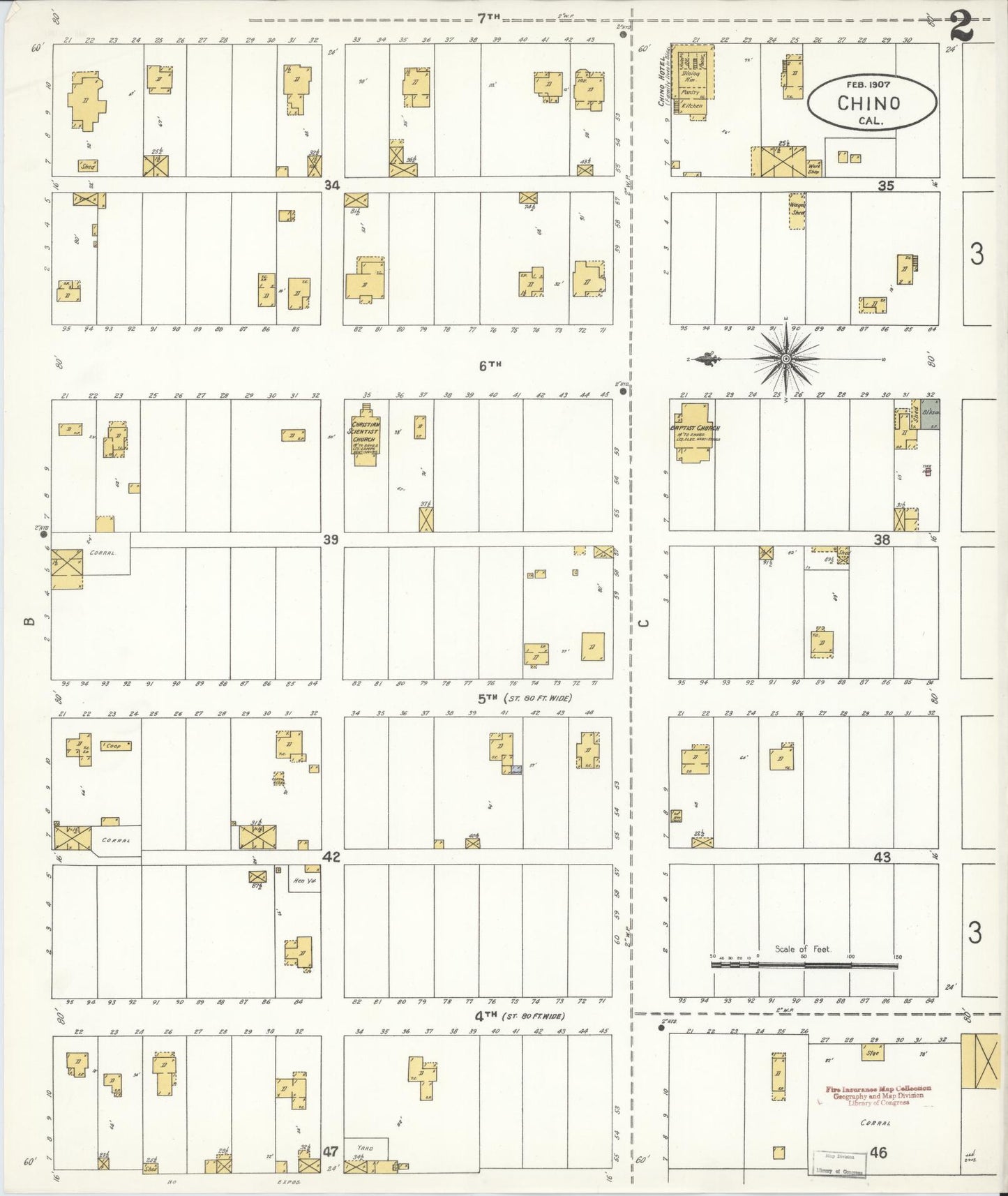 Sanborn Fire Insurance Map from Chino, San Bernardino County, California (1907), Sheet #0002 - Complete Map Set gallery image, historic Sanborn map, vintage wall art, California California