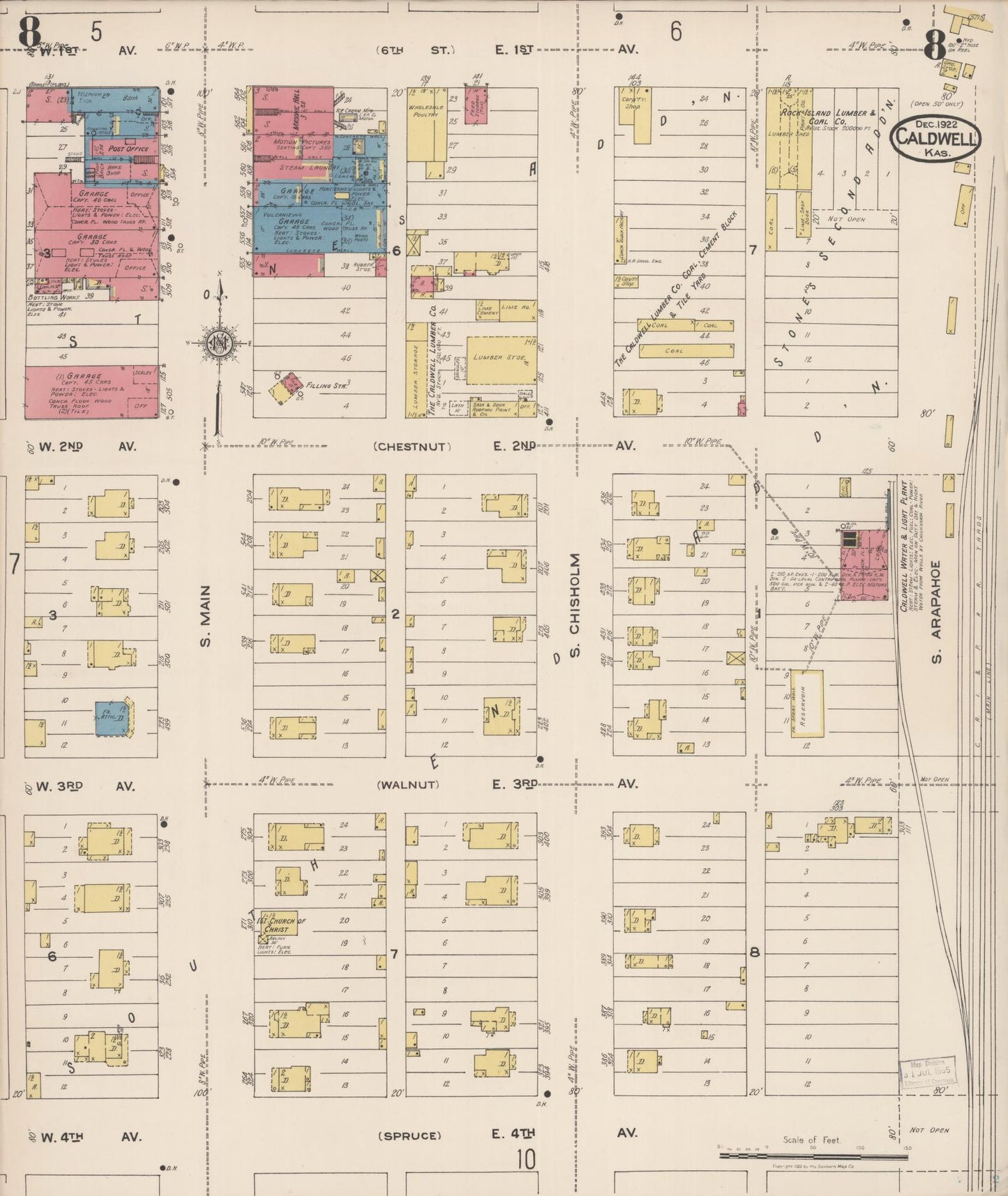Sanborn Fire Insurance Map from Caldwell, Sumner County, Kansas (1922), Sheet #0008 - Complete Map Set gallery image, historic Sanborn map, vintage wall art, Kansas Kansas