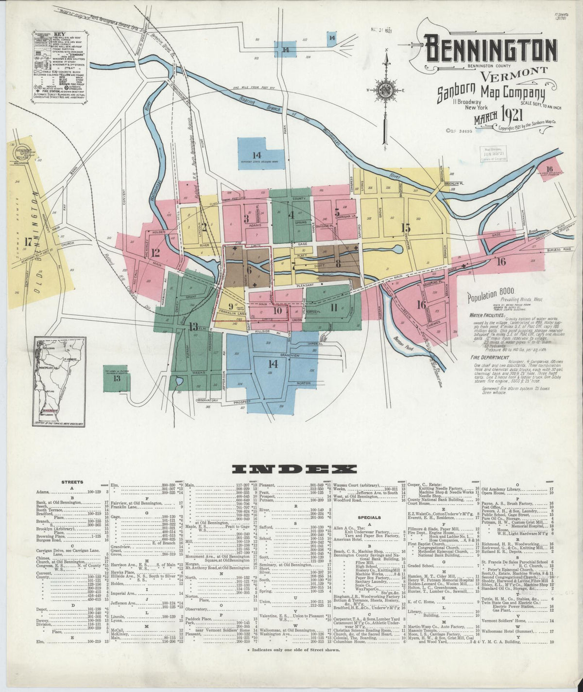 Sanborn Fire Insurance Map from Bennington, Bennington County, Vermont (1921), Sheet #0001 - Complete Map Set gallery image, historic Sanborn map, vintage wall art, Vermont Vermont