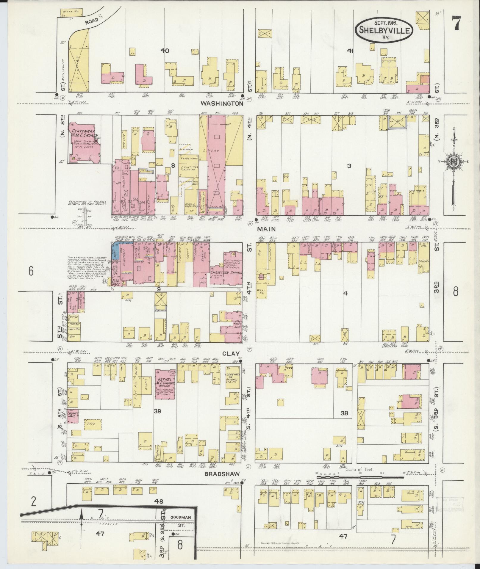 Sanborn Fire Insurance Map from Shelbyville, Shelby County, Kentucky (1916), Sheet #0007 - Historic Sanborn Fire Insurance Map Print, vintage old map wall art, antique decor, genealogy gift, Kentucky Kentucky map