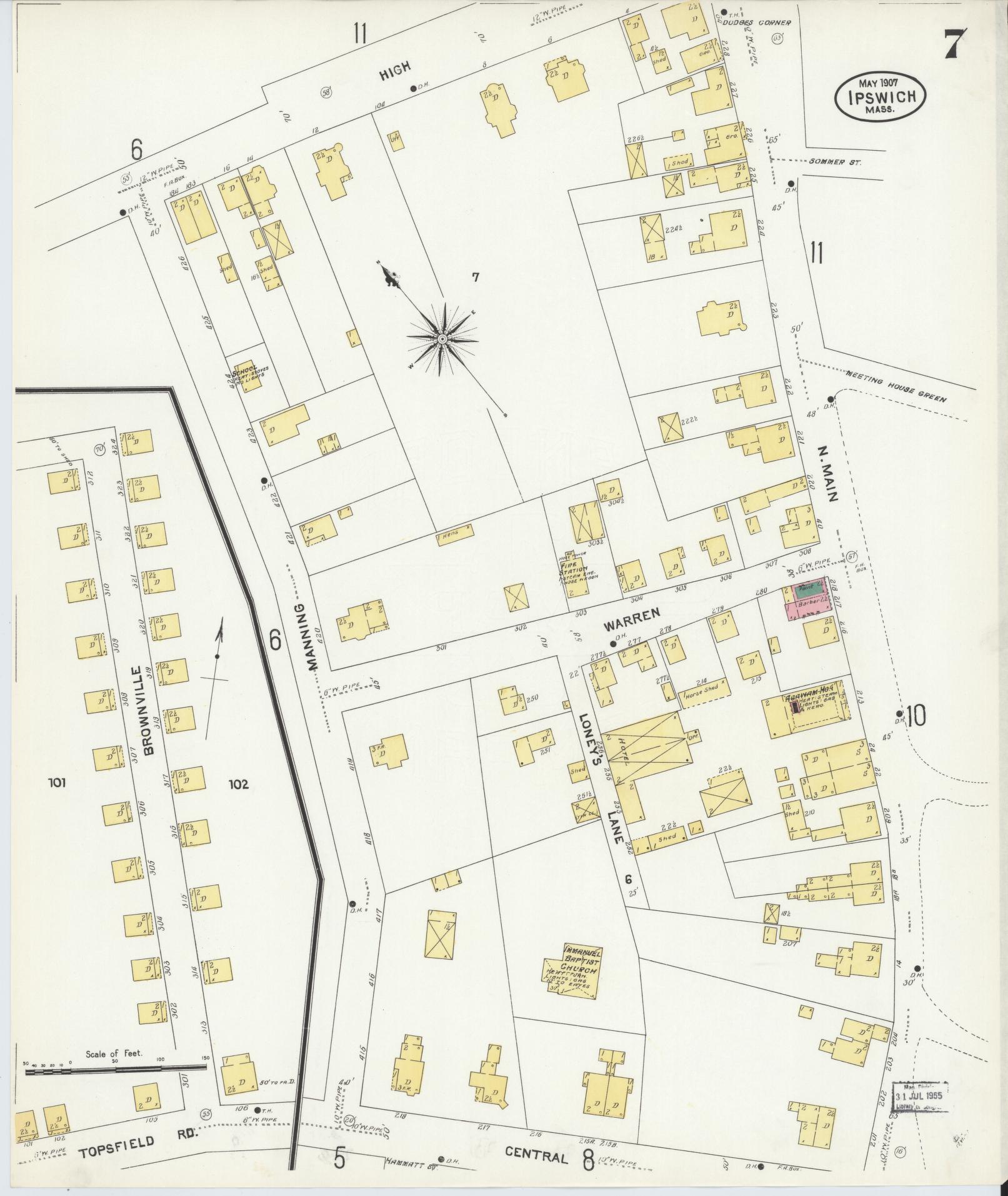 Sanborn Fire Insurance Map from Ipswich, Essex County, Massachusetts (1907), Sheet #0007 - Historic Sanborn Fire Insurance Map Print, vintage old map wall art, antique decor, genealogy gift, Massachusetts Massachusetts map