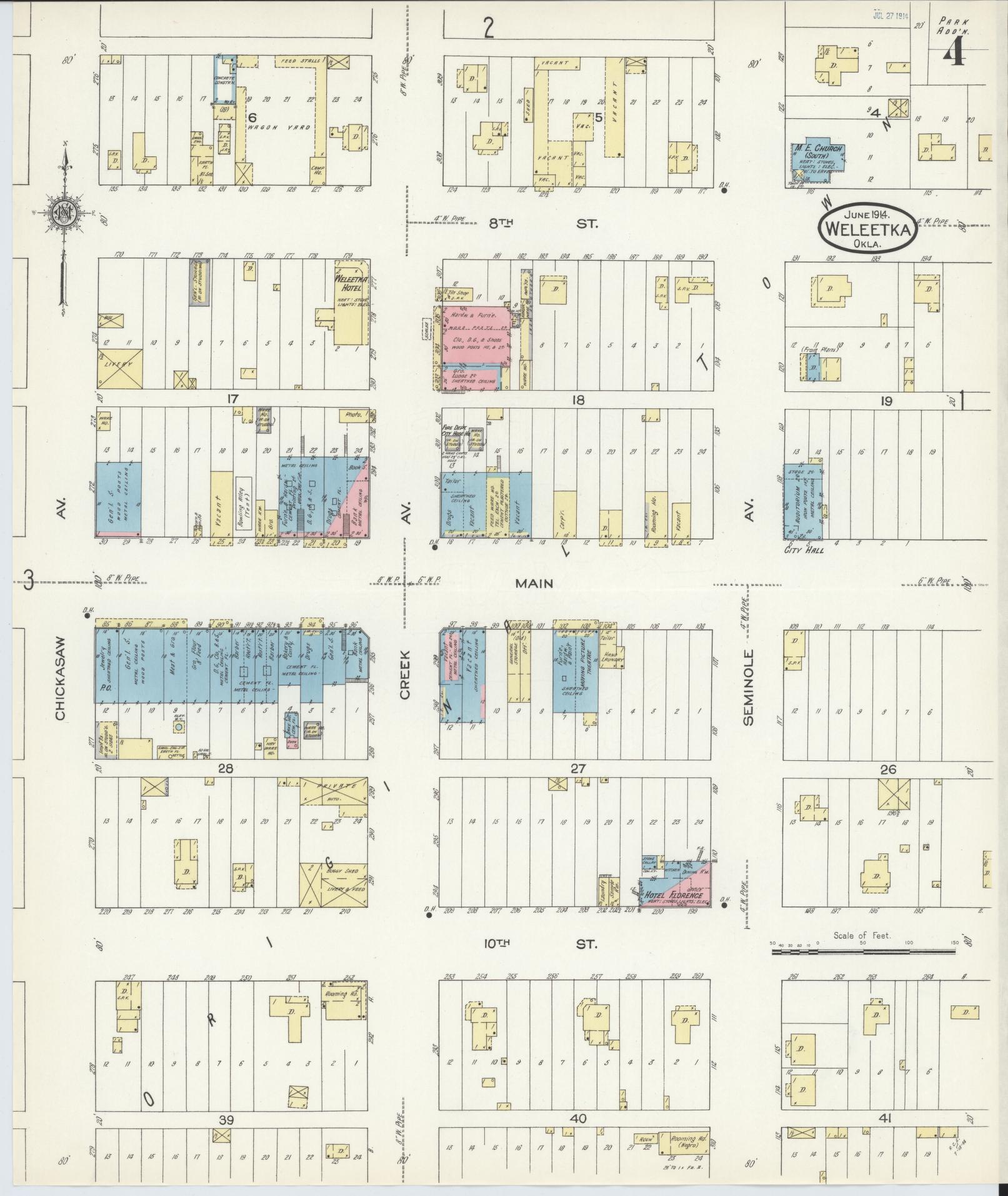 Sanborn Fire Insurance Map from Weleetka, Okfuskee County, Oklahoma (1914), Sheet #0004 - Complete Map Set gallery image, historic Sanborn map, vintage wall art, Oklahoma Oklahoma