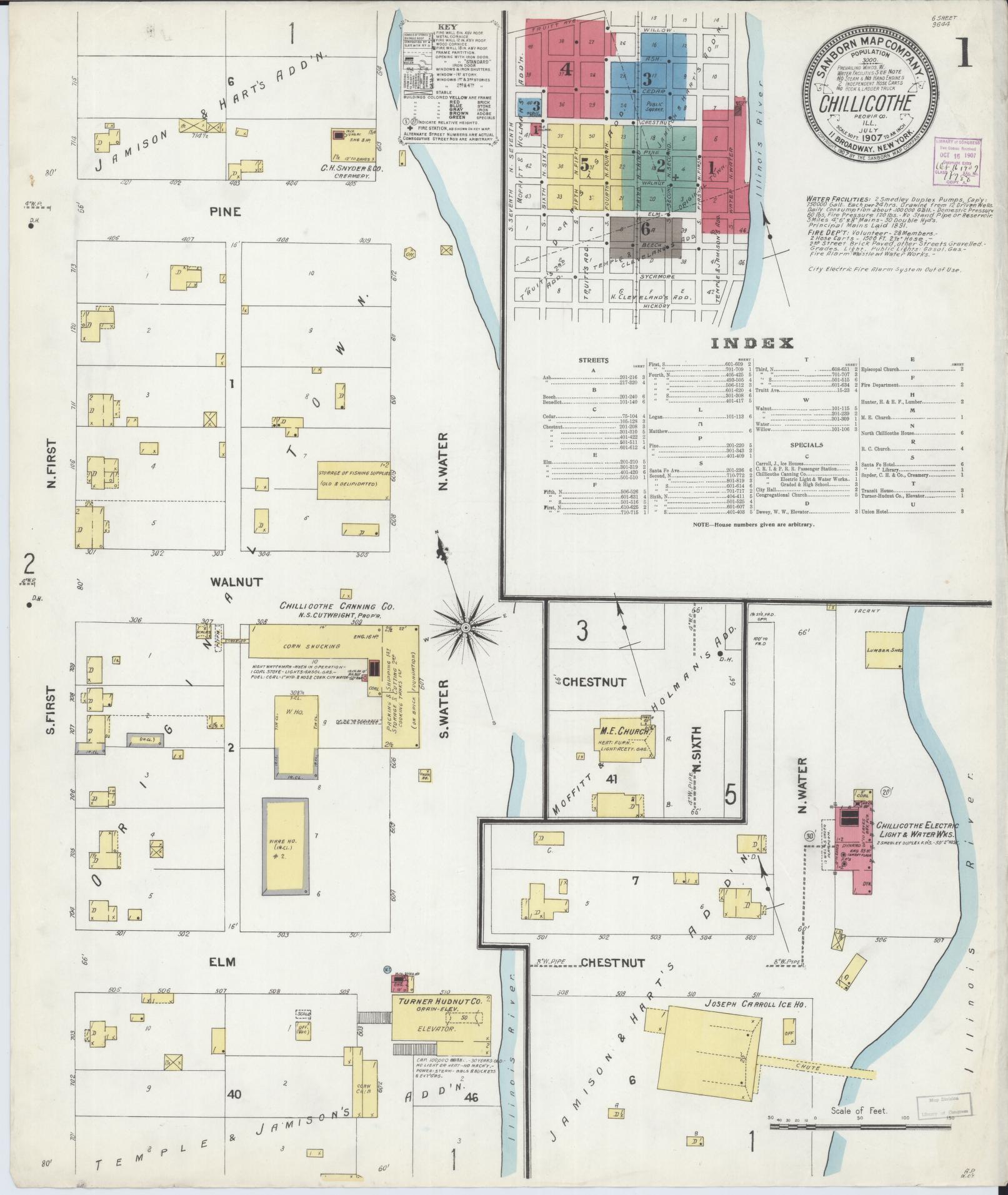Sanborn Fire Insurance Map from Chillicothe, Peoria County, Illinois (1907), Sheet #0001 - Complete Map Set gallery image, historic Sanborn map, vintage wall art, Illinois Illinois