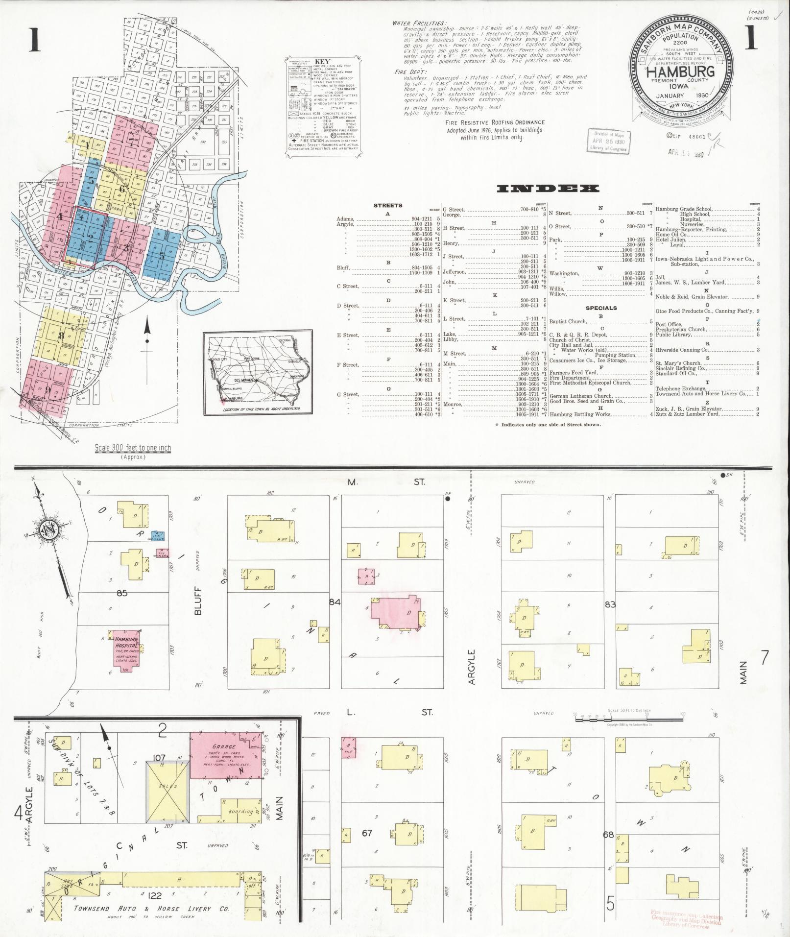 Sanborn Fire Insurance Map from Hamburg, Fremont County, Iowa (1930), Sheet #0001 - Historic Sanborn Fire Insurance Map Print, vintage old map wall art