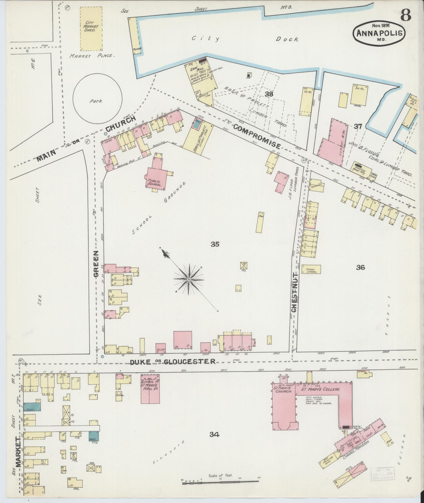 Sanborn Fire Insurance Map from Annapolis, Anne Arundel County, Maryland (1891), Sheet #0008 - Historic Sanborn Fire Insurance Map Print, vintage old map wall art, antique decor, genealogy gift, Maryland Maryland map