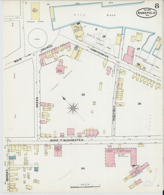 Sanborn Fire Insurance Map from Annapolis, Anne Arundel County, Maryland (1891), Sheet #0008 - Historic Sanborn Fire Insurance Map Print, vintage old map wall art, antique decor, genealogy gift, Maryland Maryland map