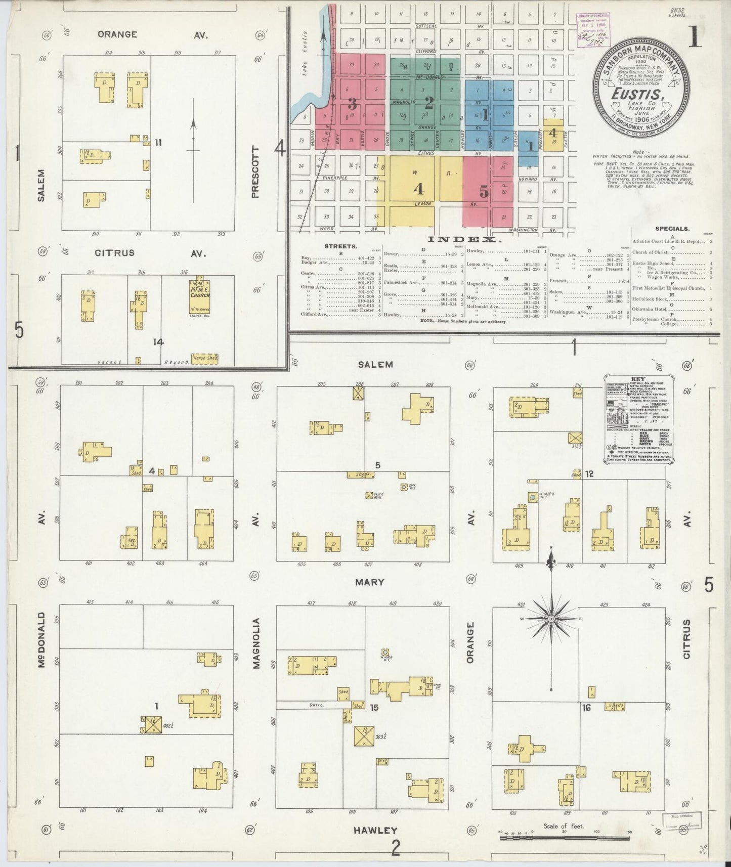 Sanborn Fire Insurance Map from Eustis, Lake County, Florida (1906), Sheet #0001 - Complete Map Set gallery image, historic Sanborn map, vintage wall art, Florida Florida