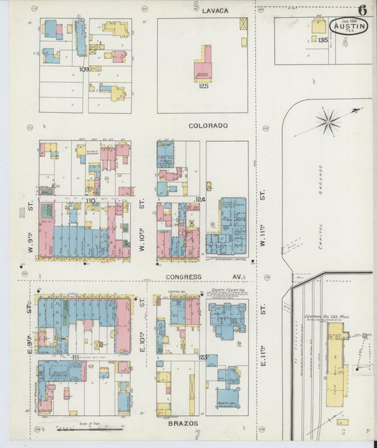 Sanborn Fire Insurance Map from Austin, Travis County, Texas (1894), Sheet #0006 - Historic Sanborn Fire Insurance Map Print, vintage old map wall art, antique decor, genealogy gift, Texas Texas map