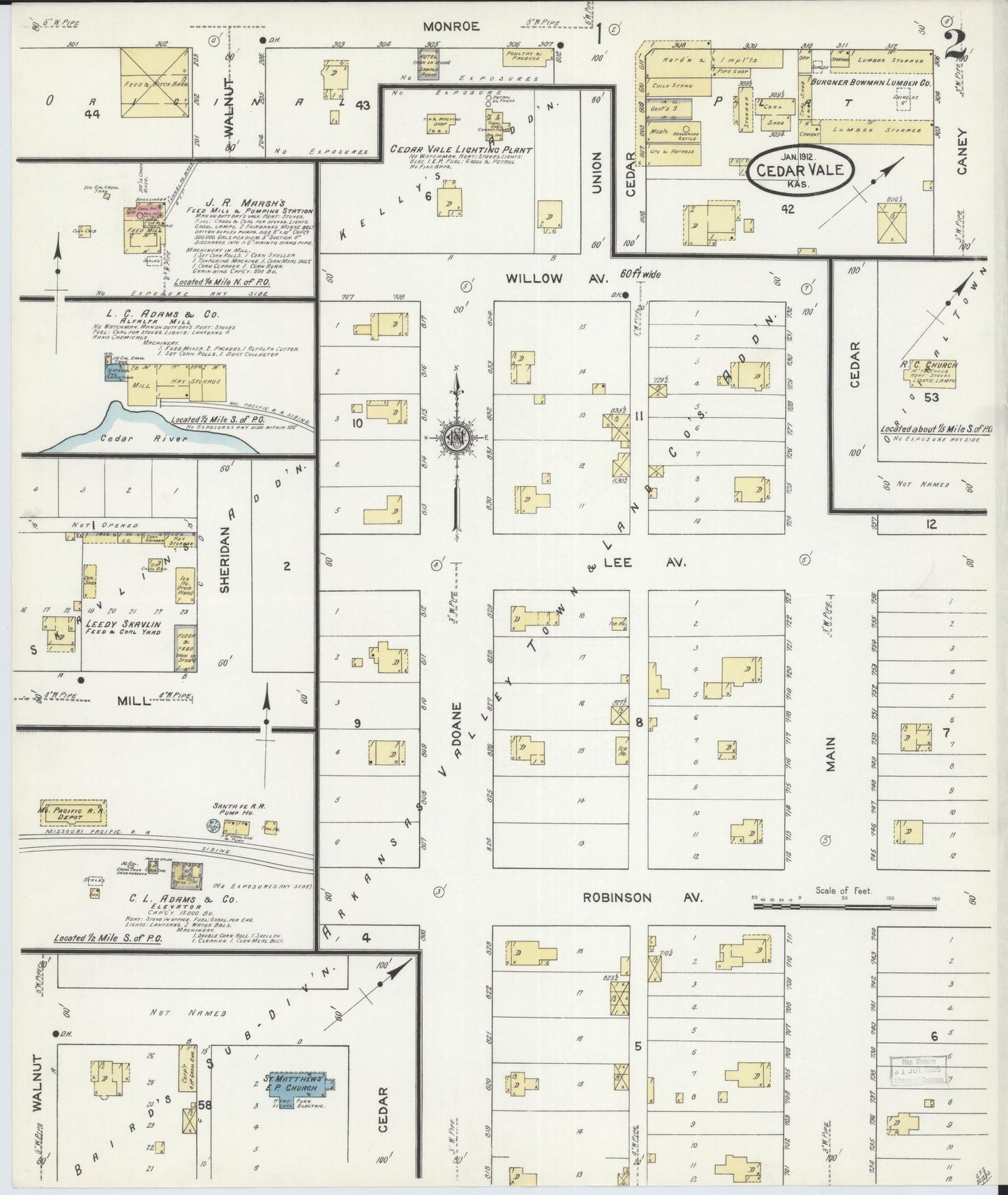 Sanborn Fire Insurance Map from Cedar Vale, Chautauqua County, Kansas (1912), Sheet #0002 - Complete Map Set gallery image, historic Sanborn map, vintage wall art, Kansas Kansas