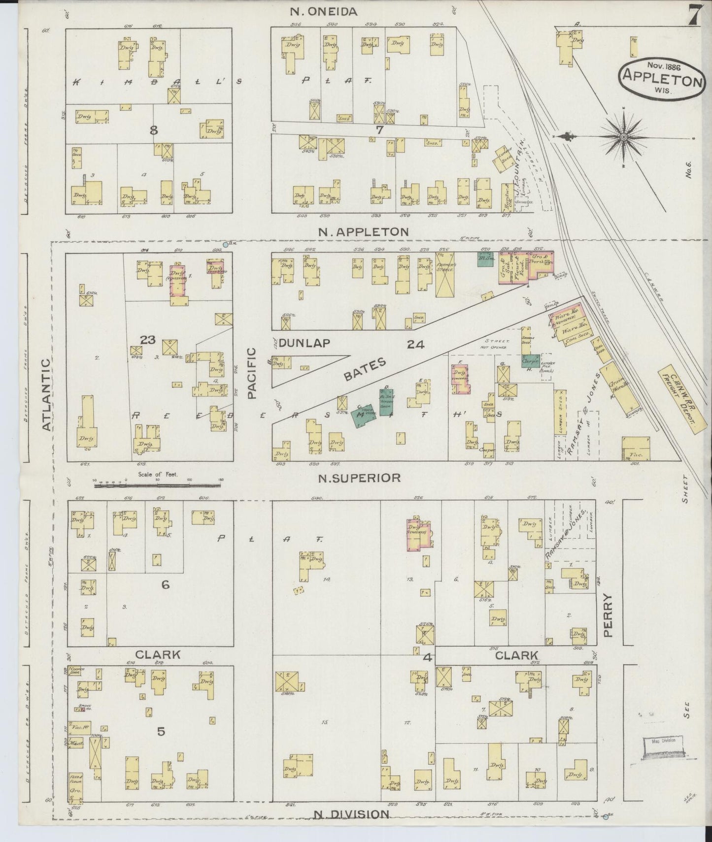 Sanborn Fire Insurance Map from Appleton, Outagamie County, Wisconsin (1886), Sheet #0007 - Complete Map Set gallery image, historic Sanborn map, vintage wall art, Wisconsin Wisconsin