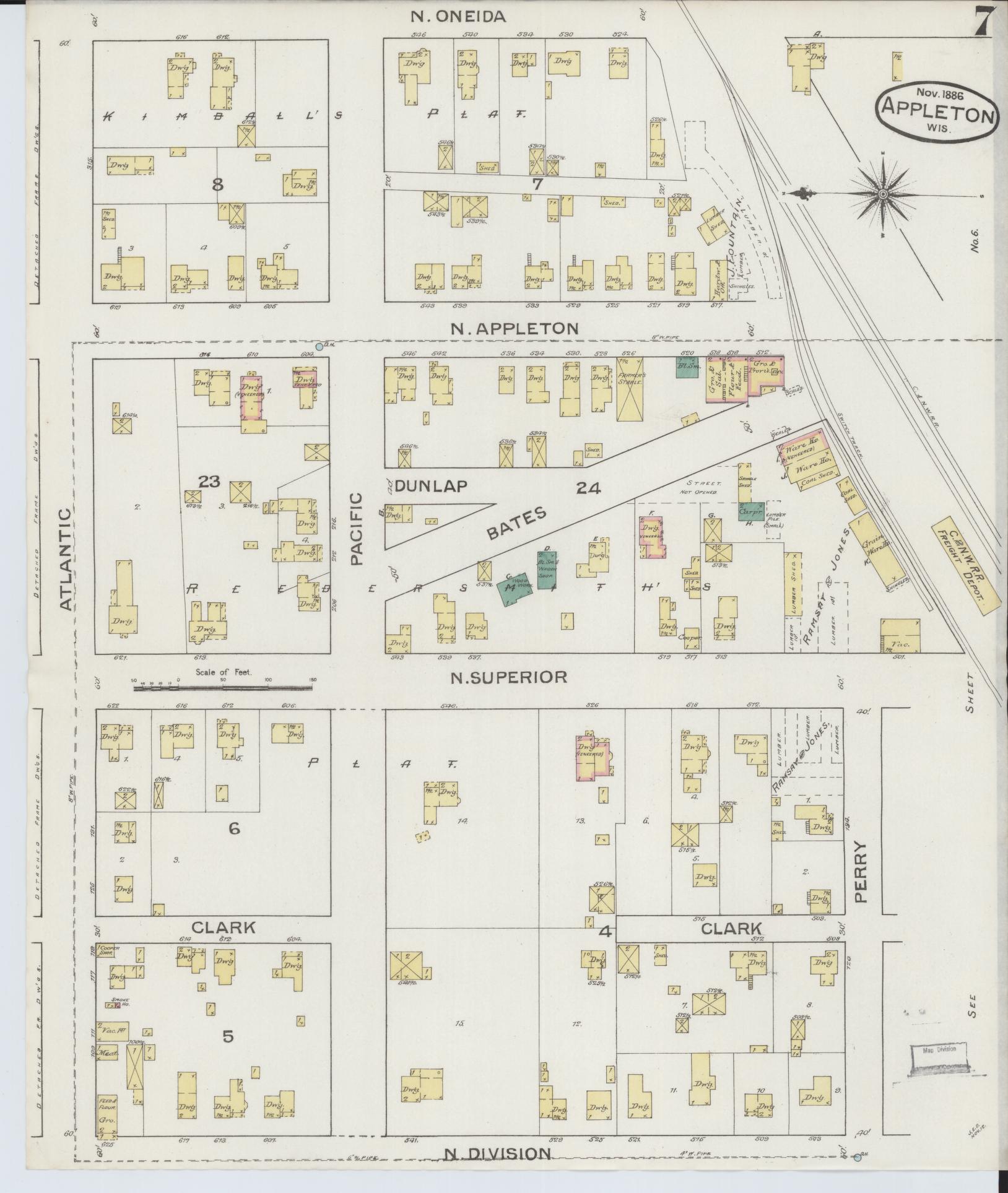 Sanborn Fire Insurance Map from Appleton, Outagamie County, Wisconsin (1886), Sheet #0007 - Complete Map Set gallery image, historic Sanborn map, vintage wall art, Wisconsin Wisconsin