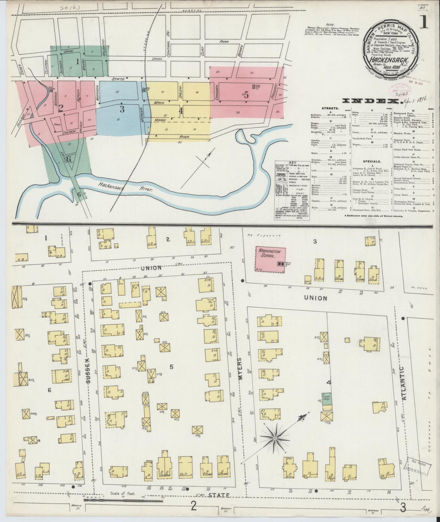 Sanborn Fire Insurance Map from Hackensack, Bergen County, New Jersey (1896), Sheet #0001 - Complete Map Set gallery image, historic Sanborn map, vintage wall art, New Jersey New Jersey