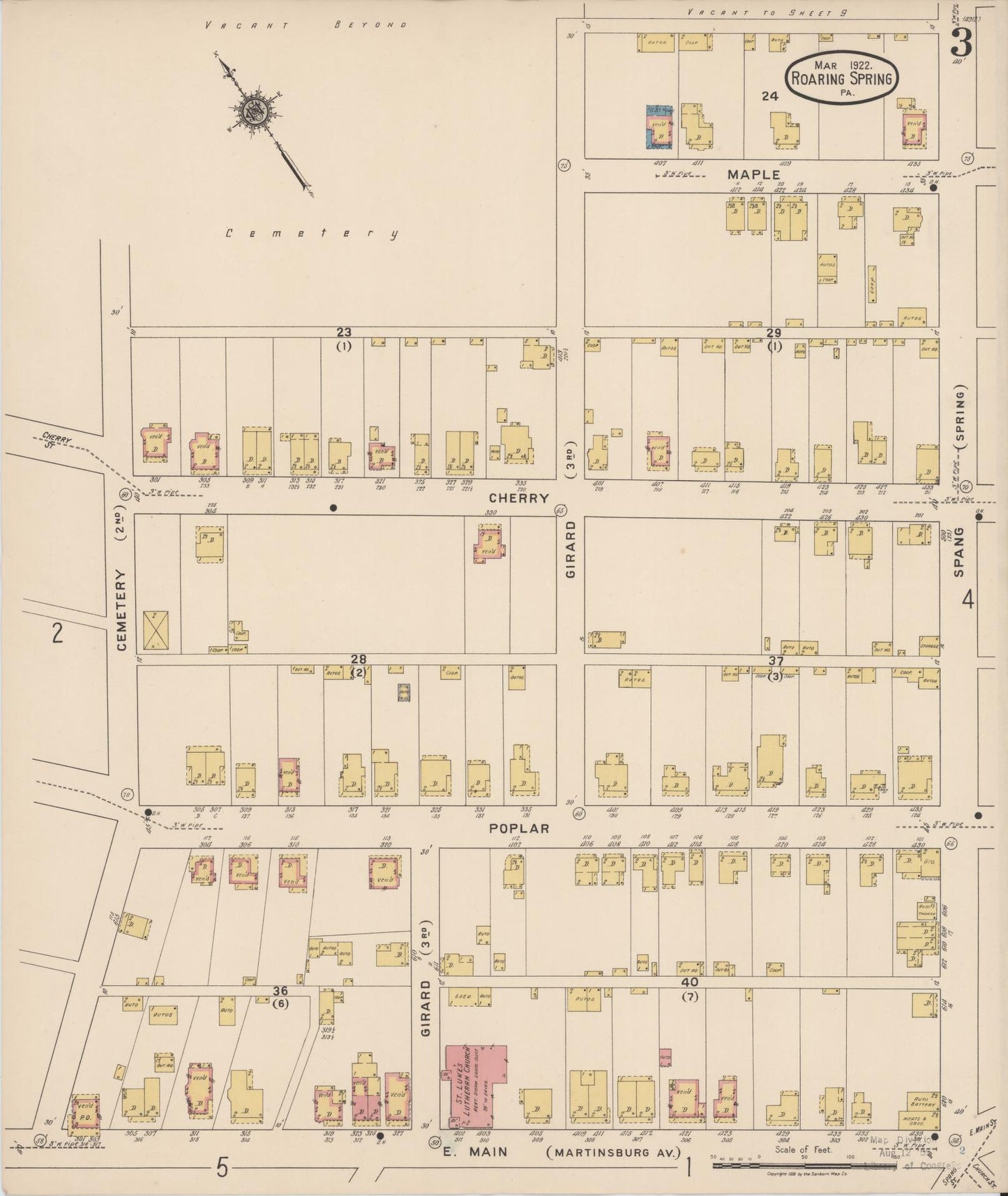 Sanborn Fire Insurance Map from Roaring Spring, Blair County, Pennsylvania (1922), Sheet #0003 - Complete Map Set gallery image, historic Sanborn map, vintage wall art, Pennsylvania Pennsylvania