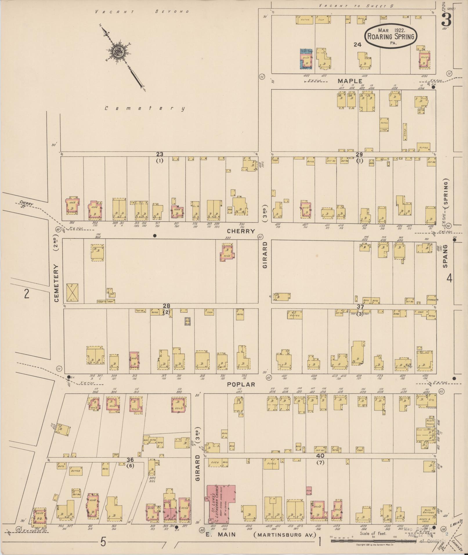 Sanborn Fire Insurance Map from Roaring Spring, Blair County, Pennsylvania (1922), Sheet #0003 - Complete Map Set gallery image, historic Sanborn map, vintage wall art, Pennsylvania Pennsylvania