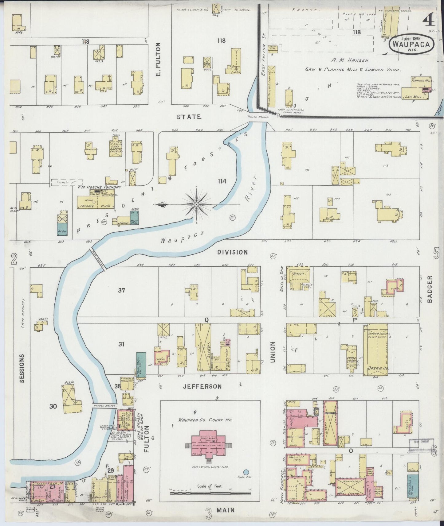 Sanborn Fire Insurance Map from Waupaca, Waupaca County, Wisconsin (1895), Sheet #0004 - Complete Map Set gallery image, historic Sanborn map, vintage wall art, Wisconsin Wisconsin