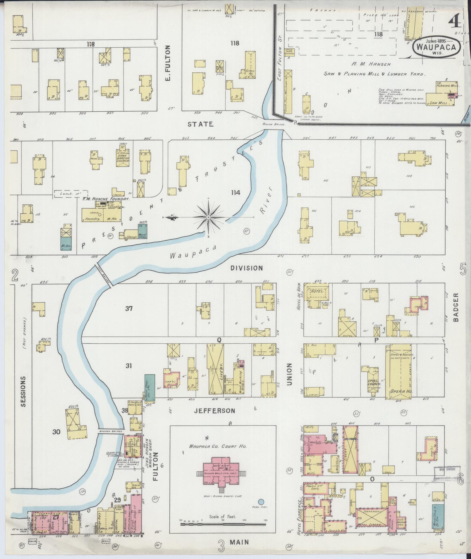 Sanborn Fire Insurance Map from Waupaca, Waupaca County, Wisconsin (1895), Sheet #0004 - Complete Map Set gallery image, historic Sanborn map, vintage wall art, Wisconsin Wisconsin