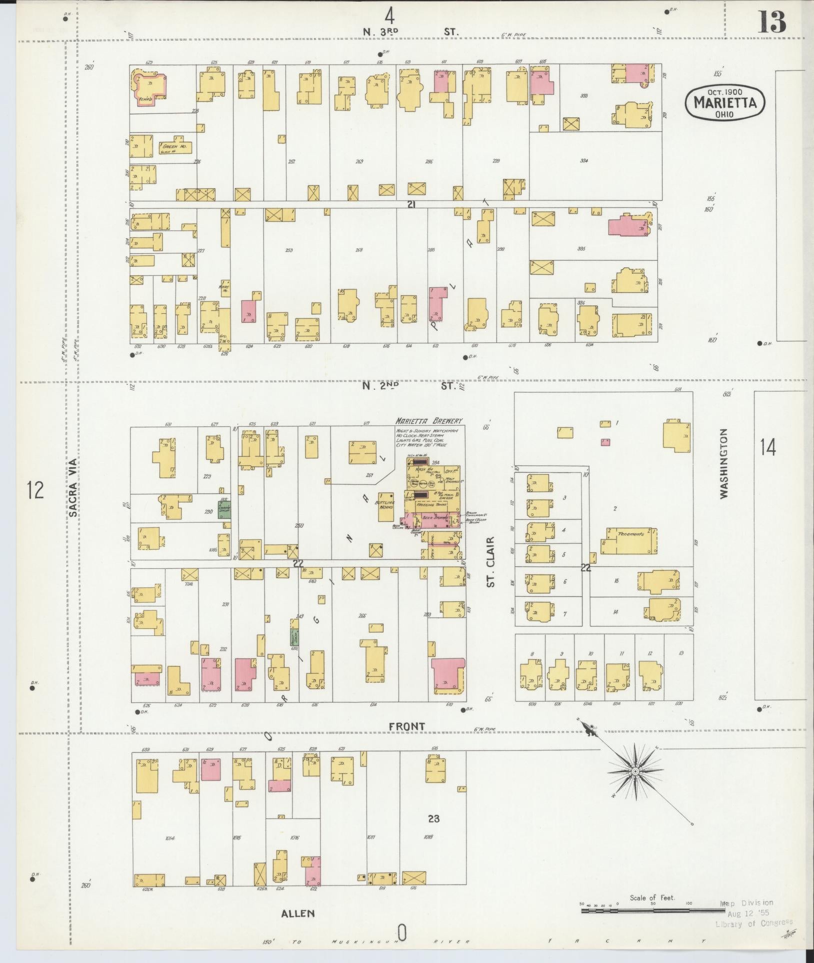 Sanborn Fire Insurance Map from Marietta, Washington County, Ohio (1900), Sheet #0013 - Historic Sanborn Fire Insurance Map Print, vintage old map wall art, antique decor, genealogy gift, Ohio Ohio map