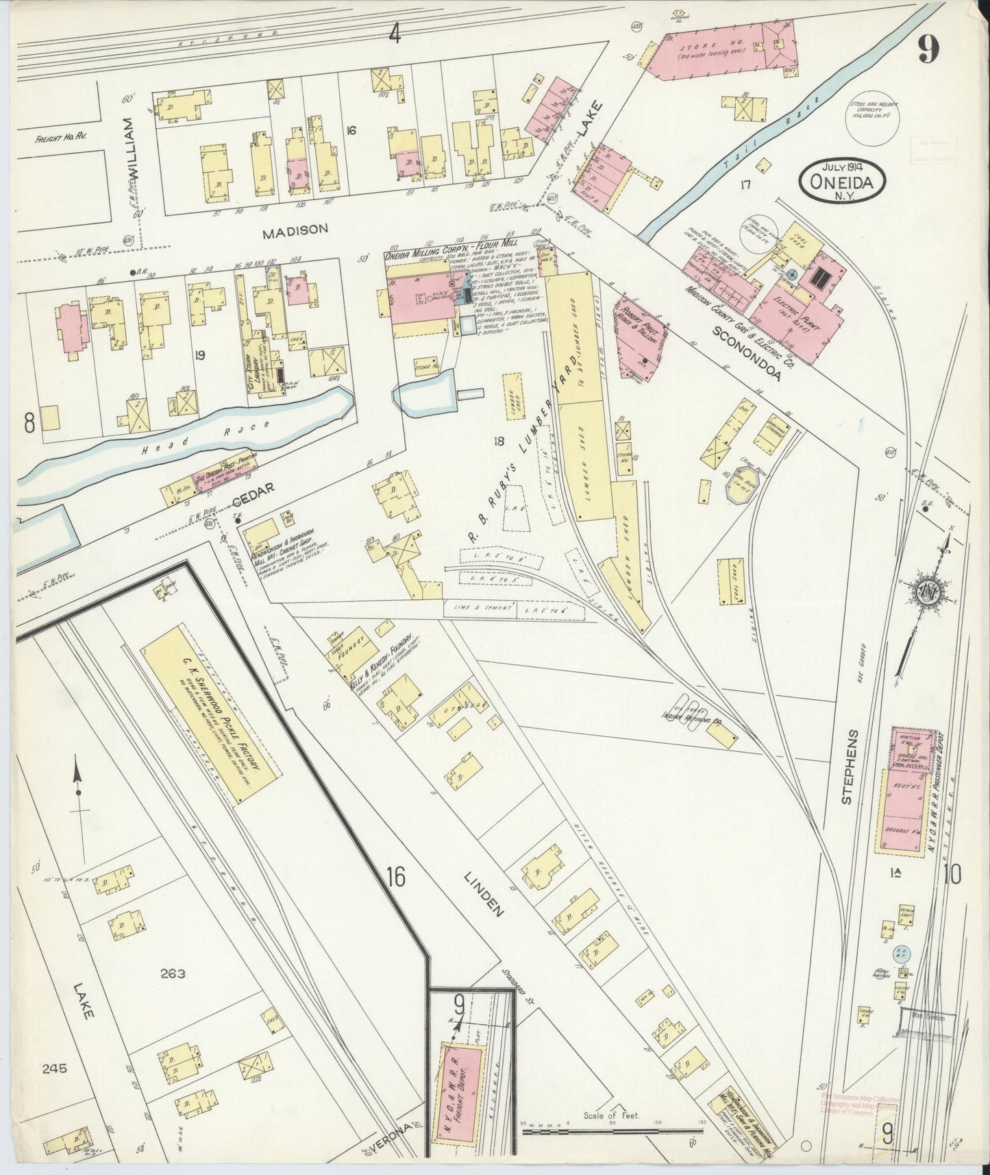 Sanborn Fire Insurance Map from Oneida, Madison County, New York (1914), Sheet #0009 - Complete Map Set gallery image, historic Sanborn map, vintage wall art, New York New York