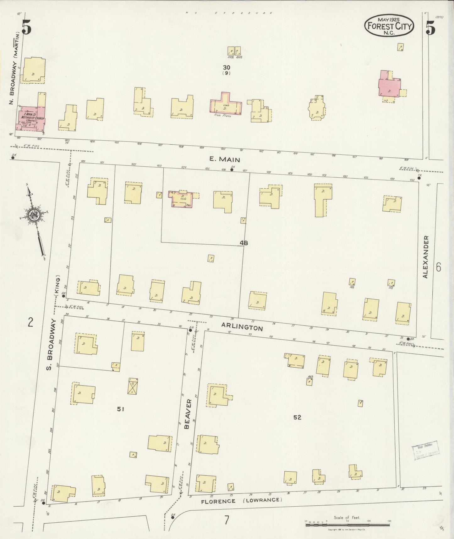 Sanborn Fire Insurance Map from Forest City, Rutherford County, North Carolina (1925), Sheet #0005 - Historic Sanborn Fire Insurance Map Print, vintage old map wall art, antique decor, genealogy gift, North Carolina North Carolina map