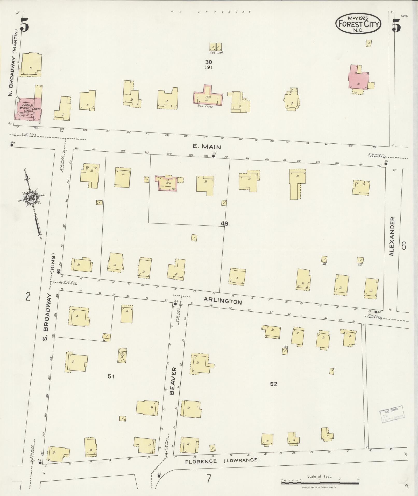 Sanborn Fire Insurance Map from Forest City, Rutherford County, North Carolina (1925), Sheet #0005 - Historic Sanborn Fire Insurance Map Print, vintage old map wall art, antique decor, genealogy gift, North Carolina North Carolina map