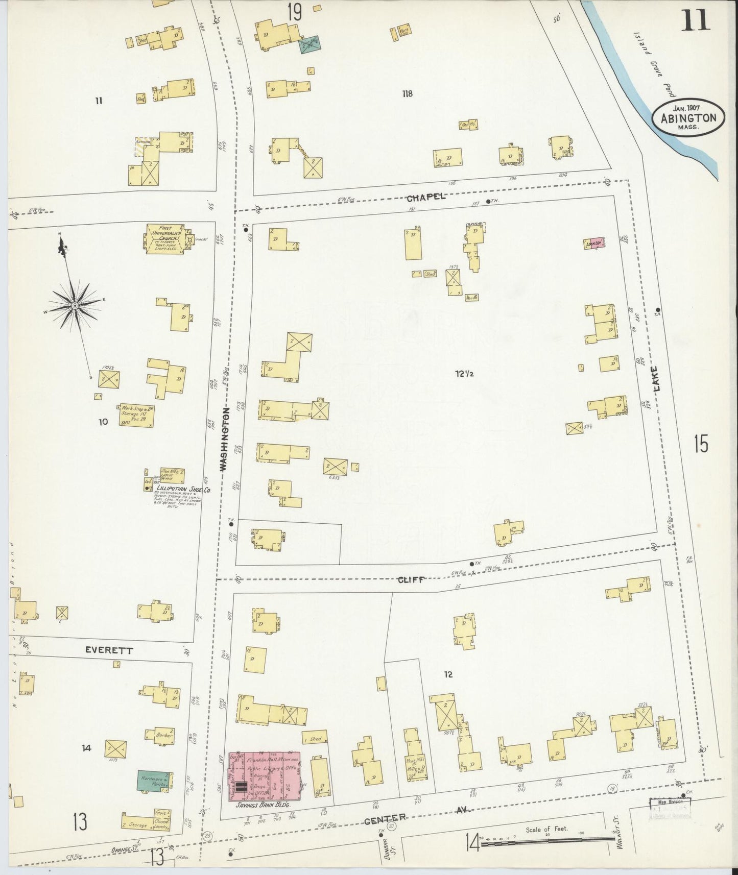 Sanborn Fire Insurance Map from Abington, Plymouth County, Massachusetts (1907), Sheet #0011 - Historic Sanborn Fire Insurance Map Print, vintage old map wall art, antique decor, genealogy gift, Massachusetts Massachusetts map