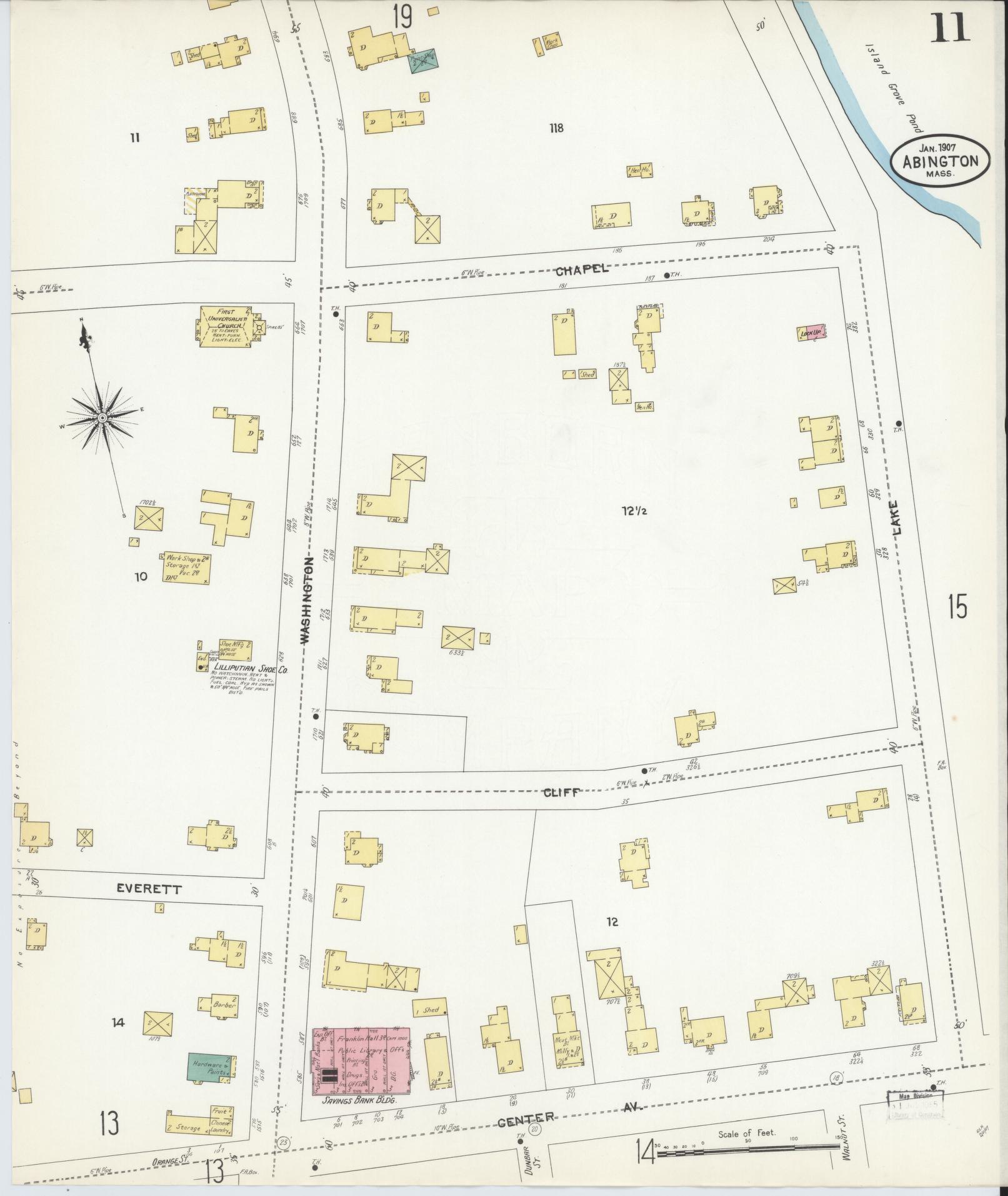 Sanborn Fire Insurance Map from Abington, Plymouth County, Massachusetts (1907), Sheet #0011 - Historic Sanborn Fire Insurance Map Print, vintage old map wall art, antique decor, genealogy gift, Massachusetts Massachusetts map