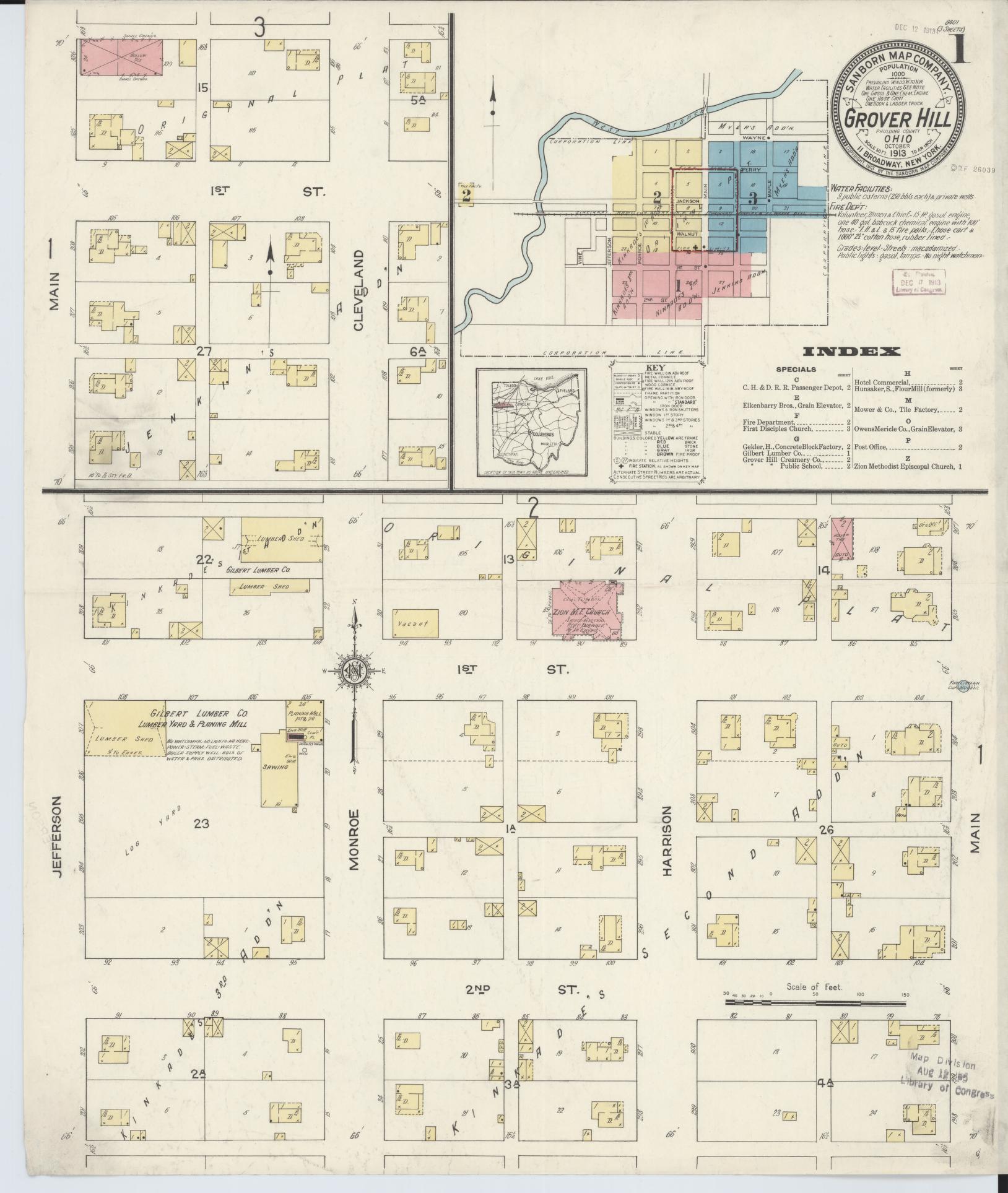 Sanborn Fire Insurance Map from Grover Hill, Paulding County, Ohio (1913), Sheet #0001 - Historic Sanborn Fire Insurance Map Print, vintage old map wall art, antique decor, genealogy gift, Ohio Ohio map
